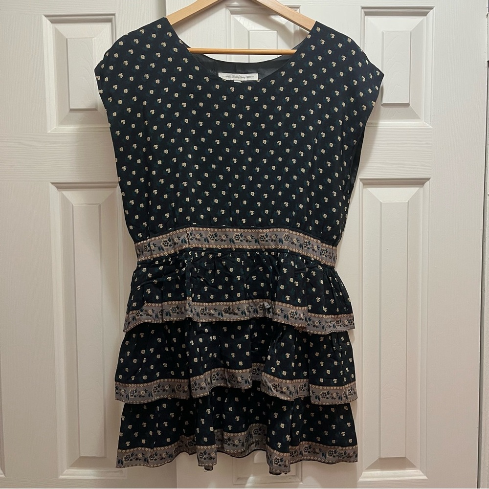 Built By Wendy 100% Silk Vintage Black Floral Tiered Dress